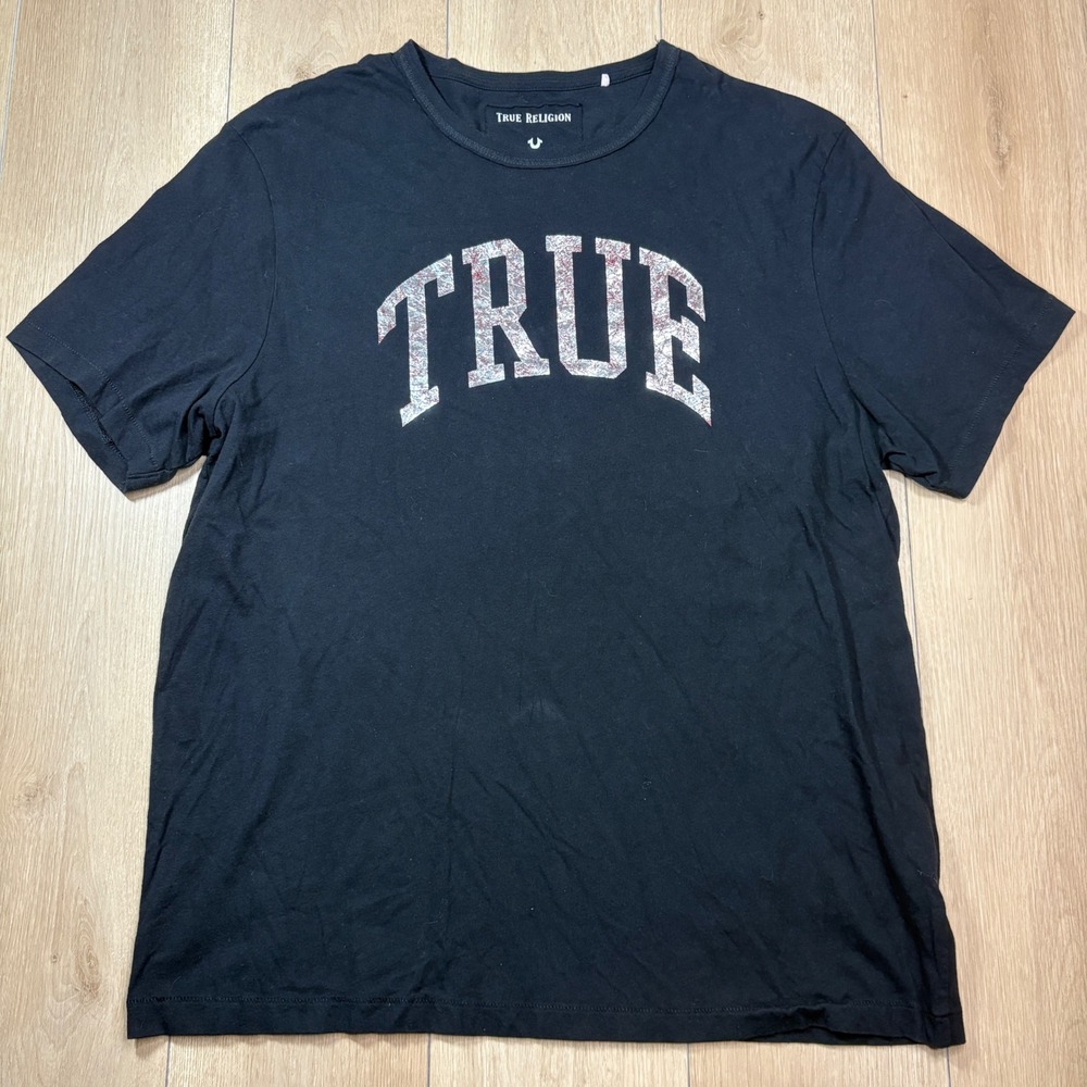 True Religion Mens XXXL Black Graphic T-Shirt Silver Red TRUE Arch Logo Tee 3XL